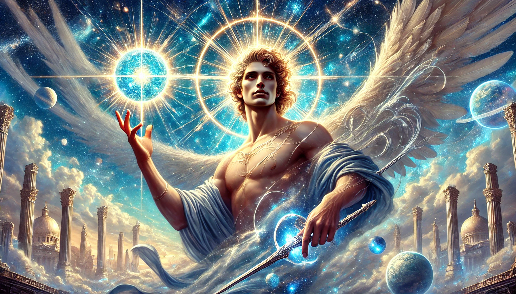 Imagem realista de São Miguel Arcanjo e Ashtar Sheran. São Miguel aparece com rosto humano detalhado, empunhando uma espada de luz celestial em tons dourados e brancos. Ao lado, Ashtar Sheran é retratado com uma aura azul brilhante, evocando energia cósmica. O fundo celestial exibe nuvens e estrelas, enquanto uma luz poderosa simboliza o Comando Ashtar, irradiando proteção e harmonia espiritual.