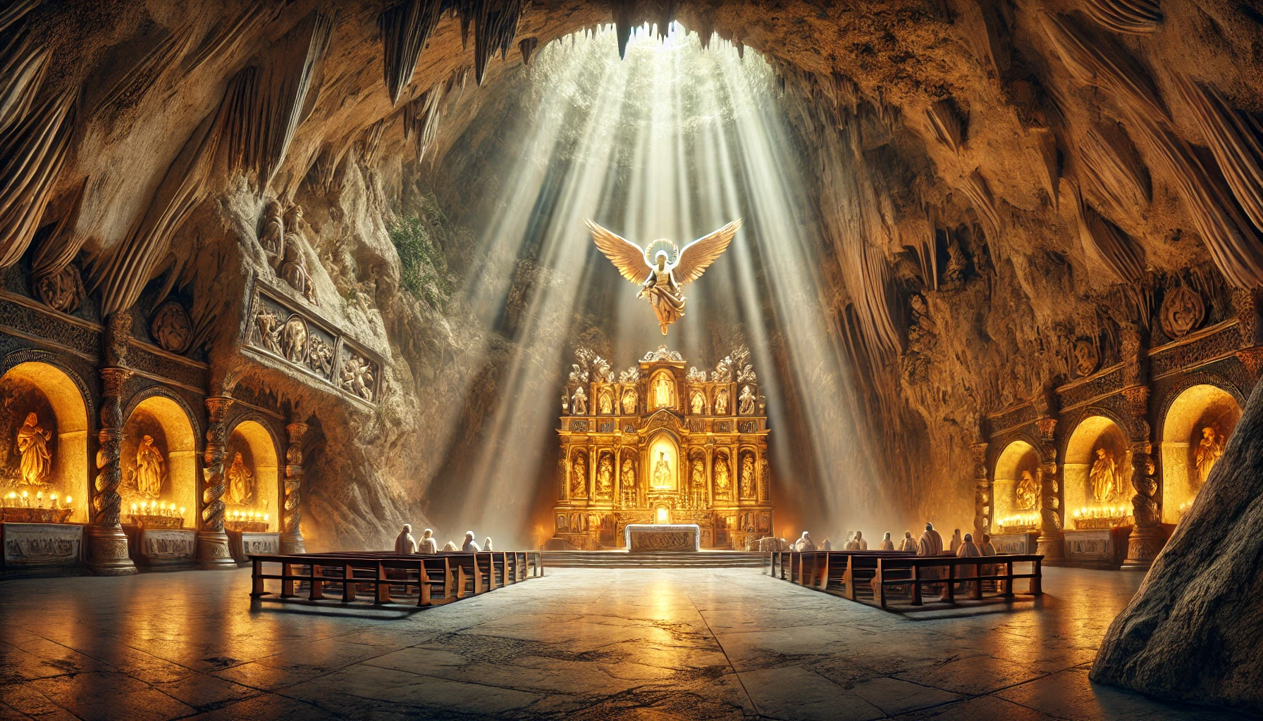 Ilustração realista da Gruta de São Miguel, localizada em Monte Gargano, com um altar iluminado por luz celestial, paredes de pedra naturais e um ambiente de reverência espiritual.