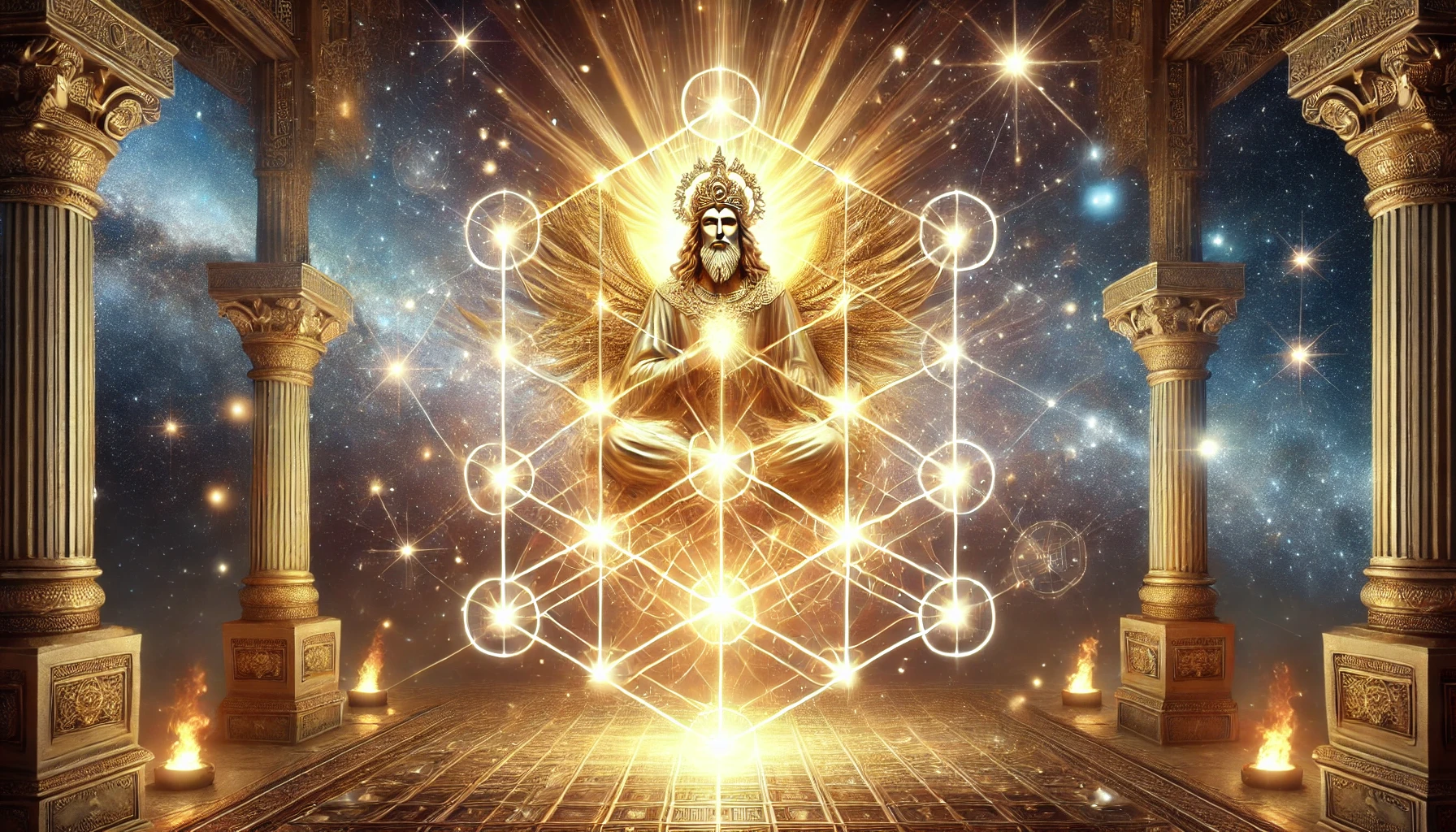 Senhor Metatron como um ser celestial, rodeado pelo Cubo de Metatron, irradiando luz dourada e harmonia divina.