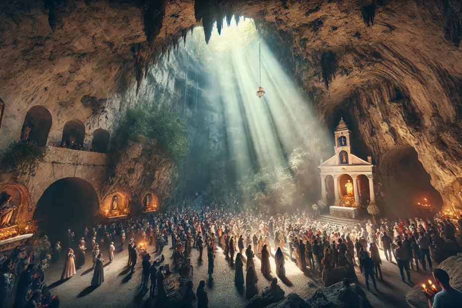 Imagem realista do Monte Gargano, na Itália, destacando a caverna sagrada associada a São Miguel Arcanjo. Peregrinos rezam e tocam as pedras do santuário, iluminado por uma luz celestial, simbolizando proteção e conexão espiritual.