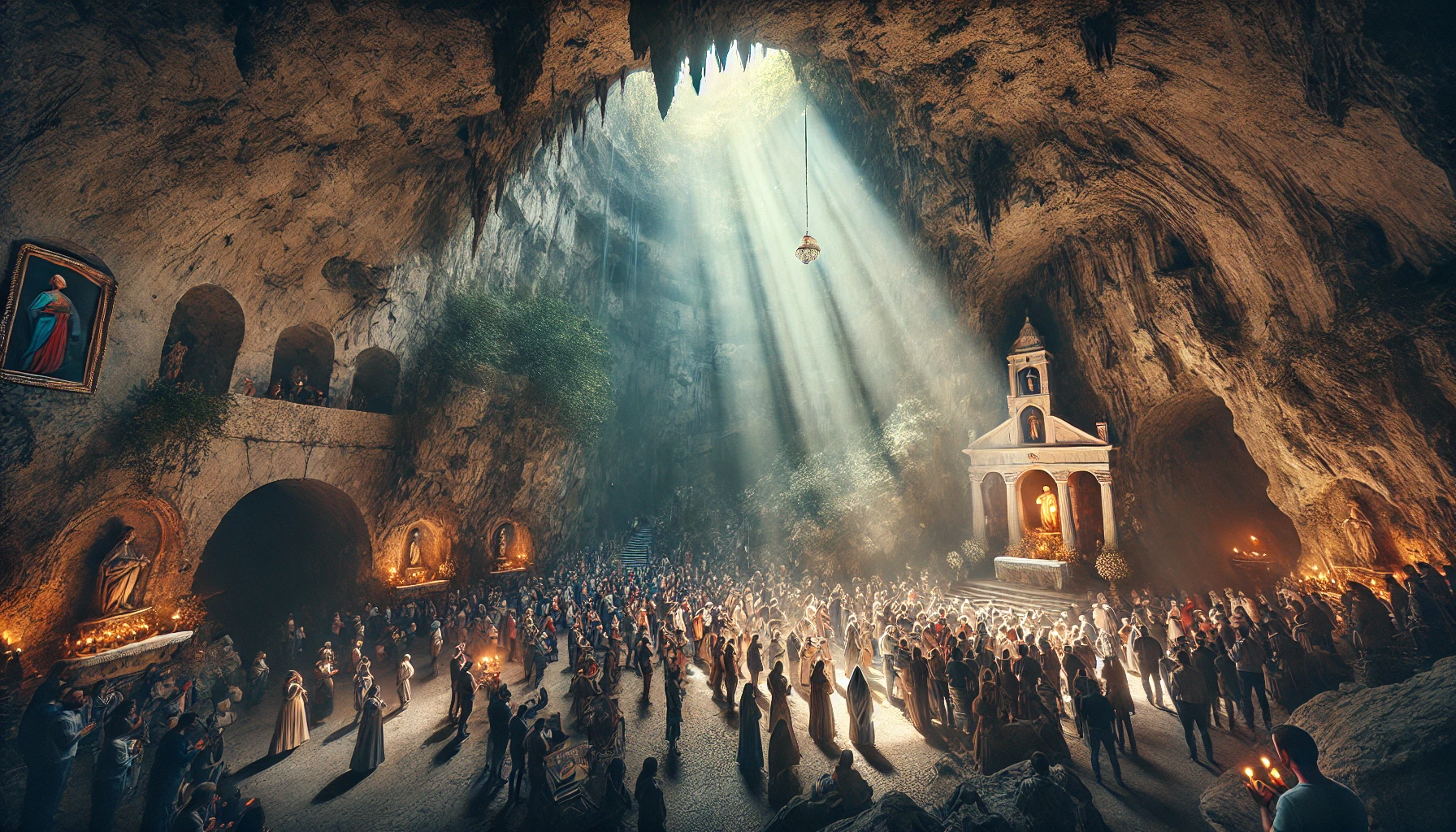 Imagem realista do Monte Gargano, na Itália, destacando a caverna sagrada associada a São Miguel Arcanjo. Peregrinos rezam e tocam as pedras do santuário, iluminado por uma luz celestial, simbolizando proteção e conexão espiritual.