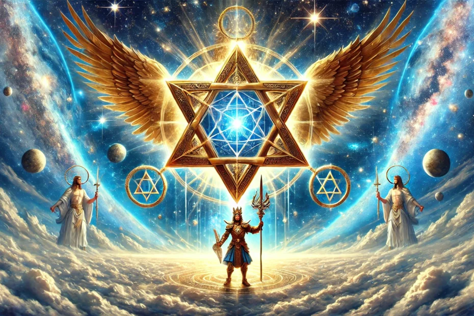 Ilustração hiper-realista da Merkabah, um Tetraedro Estrela dourado e brilhante girando em alta velocidade, emanando luz celestial. Ao lado, São Miguel Arcanjo, com armadura dourada e asas majestosas, segura sua espada de luz enquanto protege e ativa a Merkabah. O fundo exibe um céu cósmico estrelado em tons de azul e dourado, simbolizando conexão espiritual, proteção e ascensão a dimensões superiores.