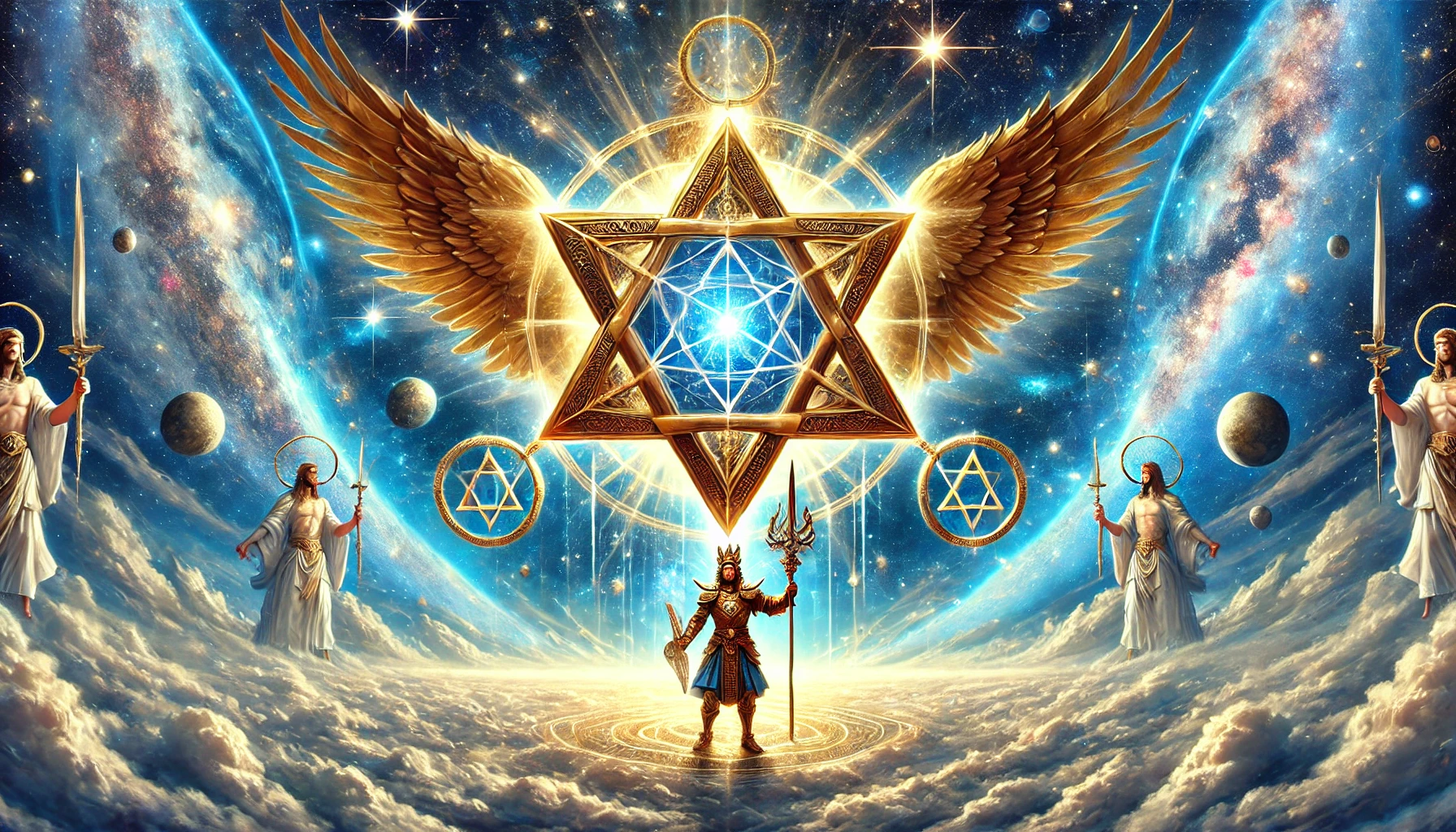 Ilustração hiper-realista da Merkabah, um Tetraedro Estrela dourado e brilhante girando em alta velocidade, emanando luz celestial. Ao lado, São Miguel Arcanjo, com armadura dourada e asas majestosas, segura sua espada de luz enquanto protege e ativa a Merkabah. O fundo exibe um céu cósmico estrelado em tons de azul e dourado, simbolizando conexão espiritual, proteção e ascensão a dimensões superiores.