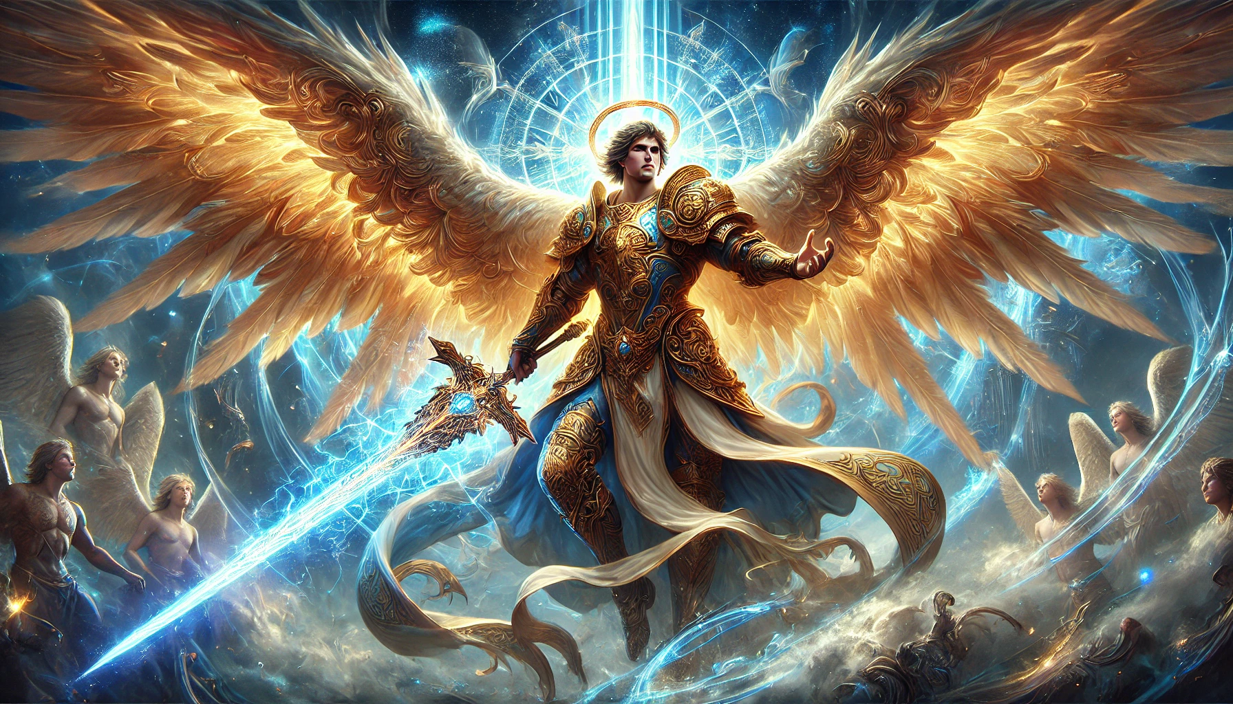 Imagem realista do Arcanjo Miguel irradiando luz azul intensa, com armadura dourada celestial e espada flamejante. Símbolo de proteção e força espiritual na Nova Era.